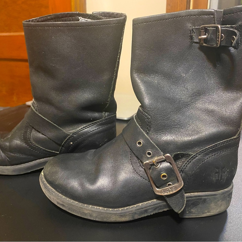 Frye black boots with buckles.